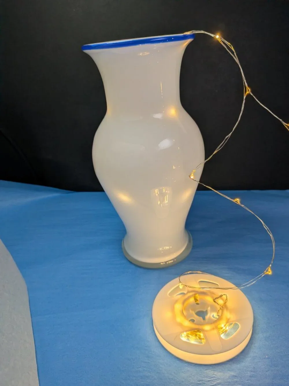 Vintage Cased White Milk Glass Trumpet Vase Cobalt Blue Rim Floral Bead Bundle